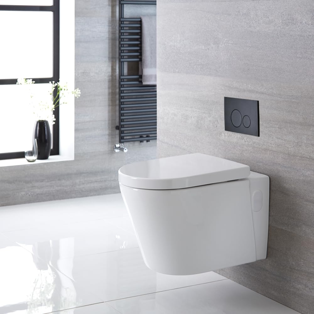Milano Ballam White Wall Hung Round Toilet Short Frame Dual Flush Cistern - Black Round Plate
