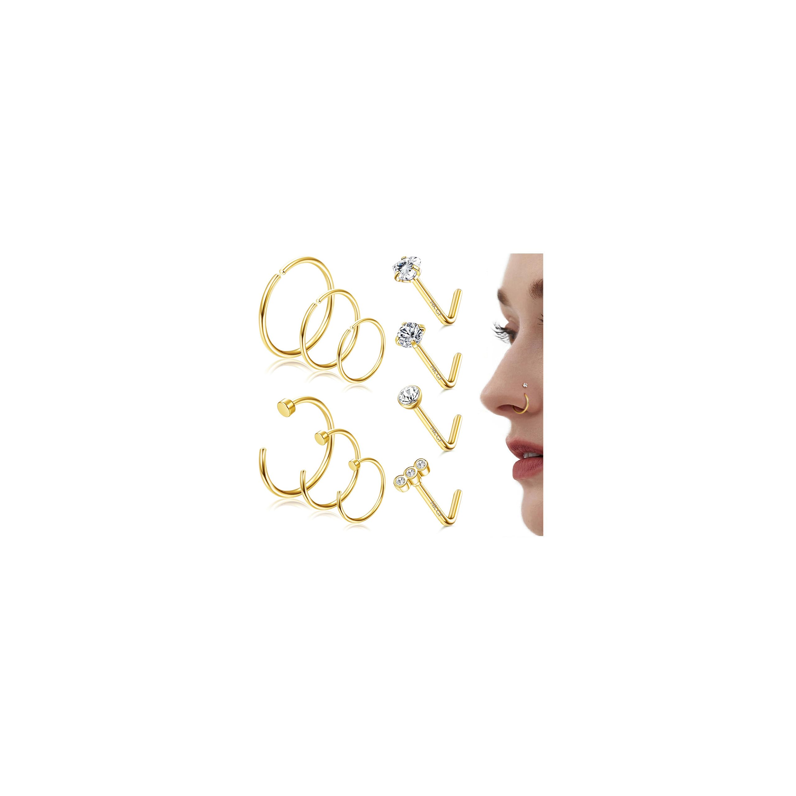 FIOROYAL 10 Piezas Piercing Nariz Acero Quirurgico 20G Piercing Nariz Anillo Redondo CZ Corazón Diamante Simulado L Forma Piercing Nariz Cartílago Helix Aro Nariz Piercing Joyas