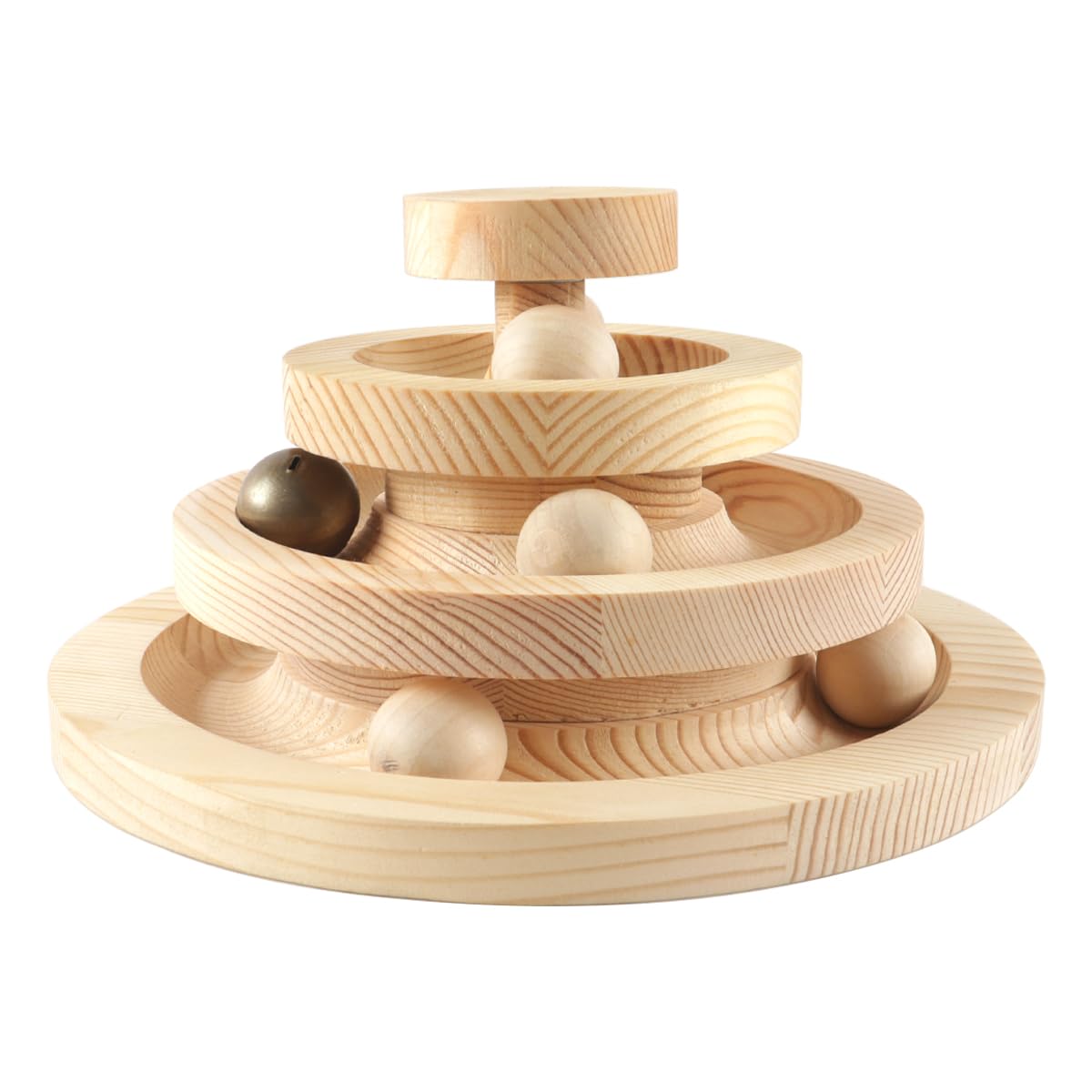 Hoite Wooden 3 Tier Rotating Track Ball Swing Stand for Cats Pine Wood Natural Color 21cm Wide 11cm High 0.8 inch Balls with Balls