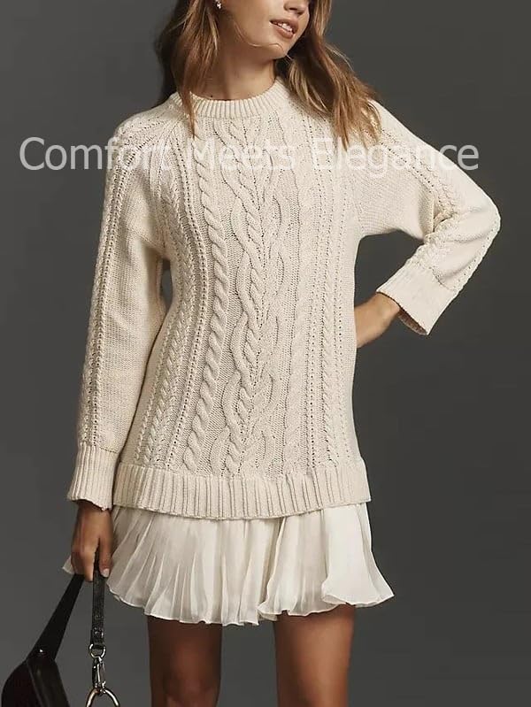 Women Crewneck Cable Knit Sweater Mini Dress, Fall Pleated Long Sleeve Cableknit Skirt Cableknit Sweater Dress4