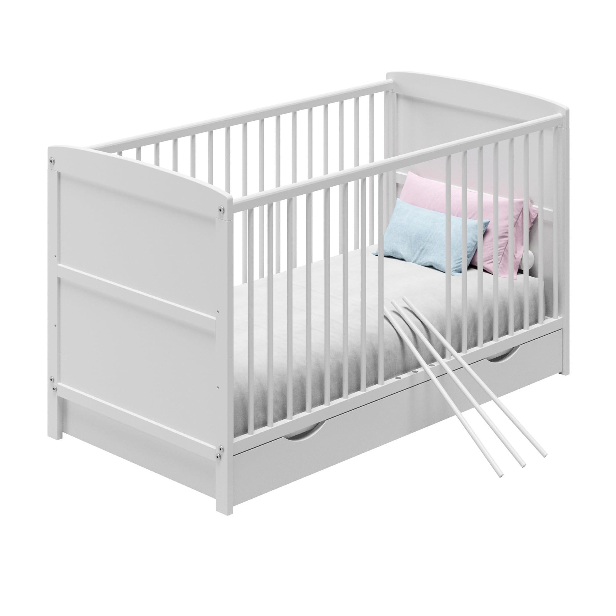 Babybett 70x140 umbaubar mit Schublade und Matratze, Gitterbett, Kinderbett, höhenverstellbar & herausnehmbare Sprossen | weitere Größe: 60x120cm | 70x140cm: von Geburt bis 6. Lebensjahr, Weiß