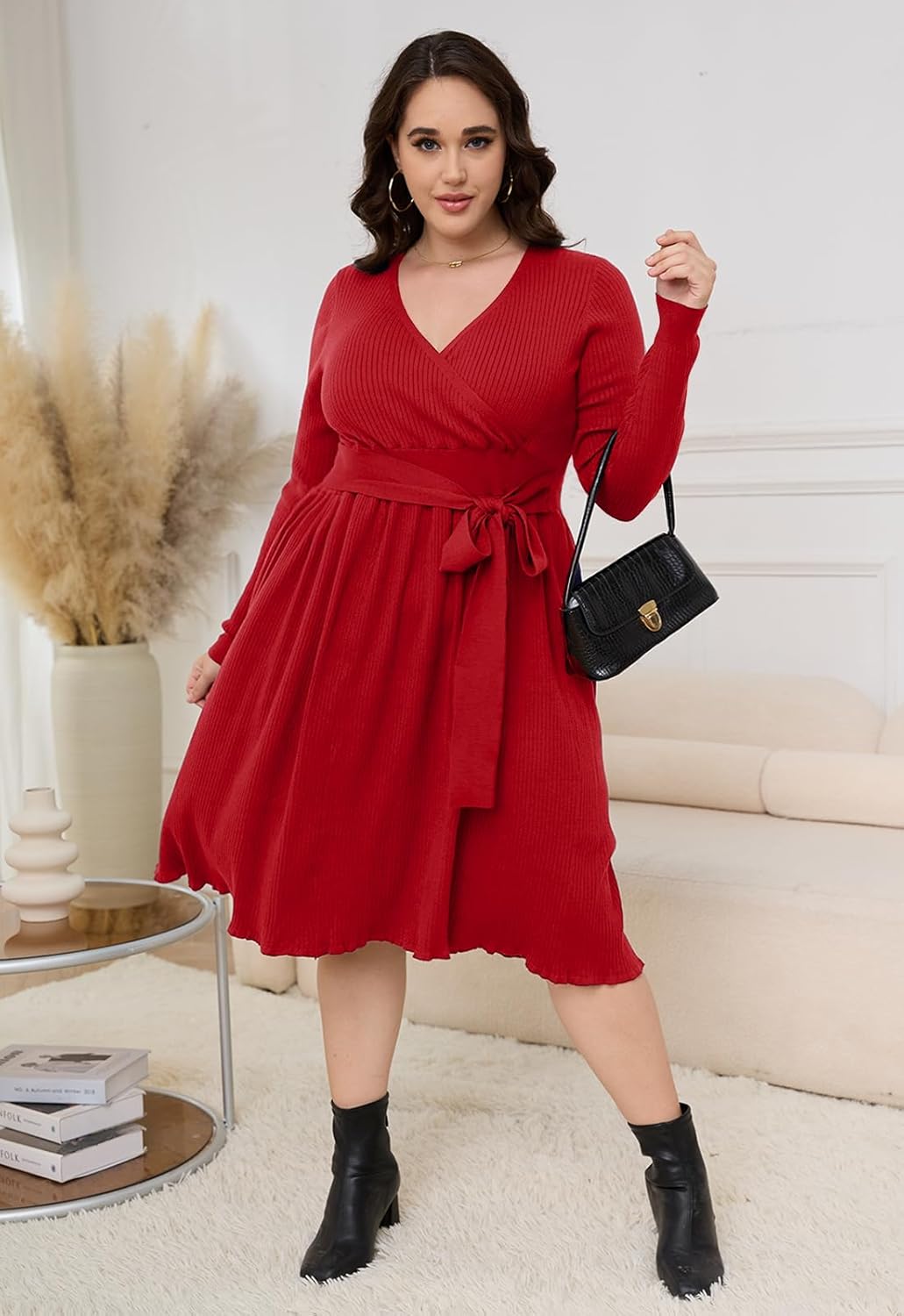 Women’s Plus Size Sweater Dress Long Sleeve V Neck Wrap Tie Waist A-Line Casual Ribbed Knit Fall Winter Midi Dress - Image 6