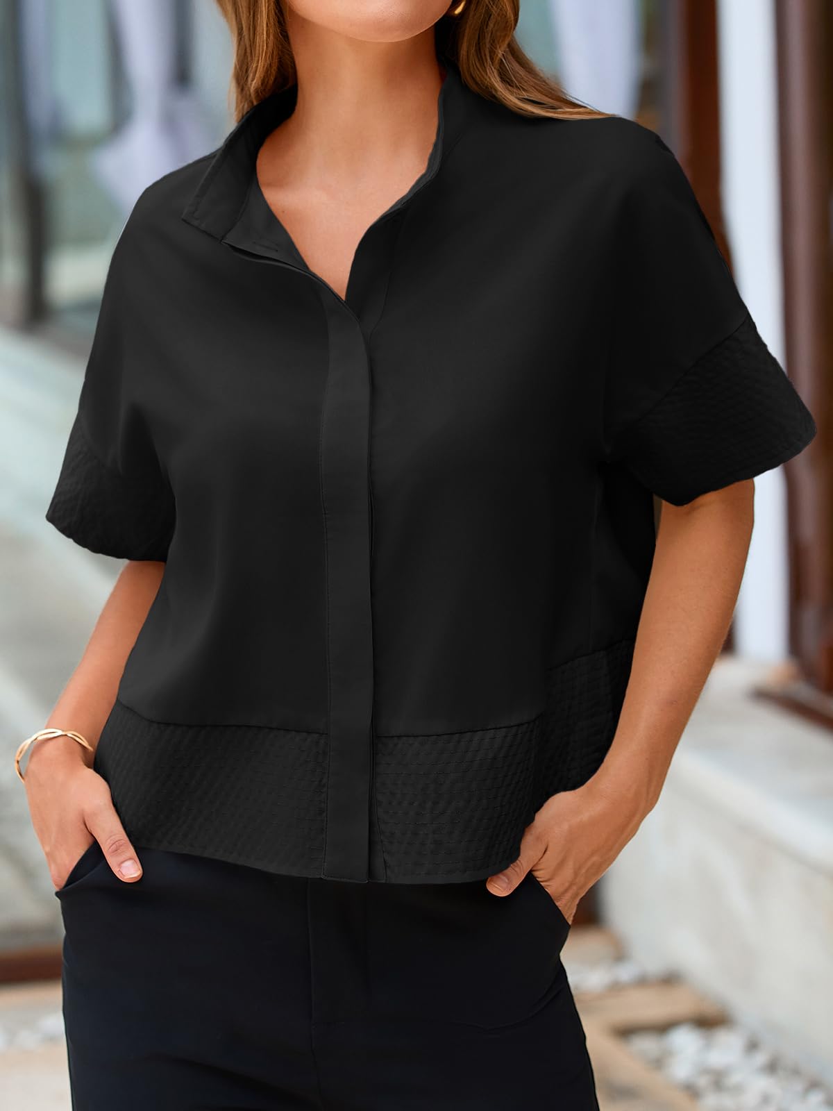 Cicy Bell Blusa de Manga Corta para Mujer, Plisada, Elegante, Informal, Cuello Alto, Holgada