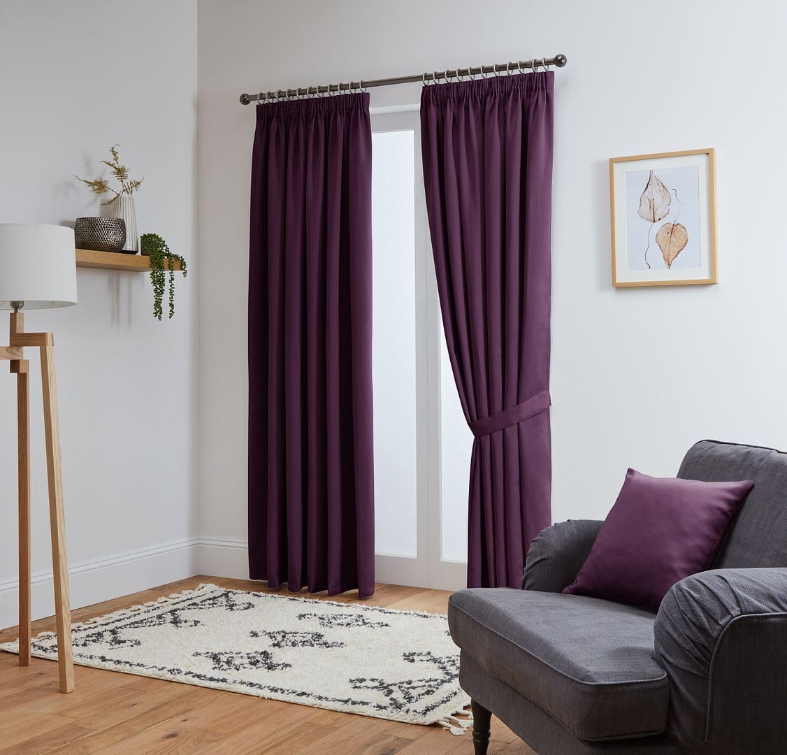 John Aird Blackout Curtains Pencil Pleat with Tie Backs (Aubergine, W 66" x L 84" (2 Panels) Thermal Energy Saving Curtains for Bedroom & Living Room