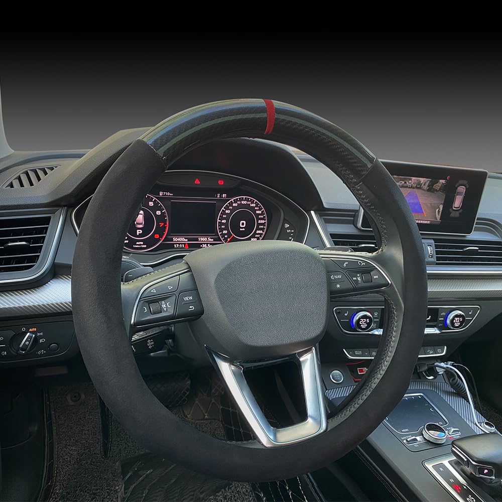 Carodi - Coprivolante per auto in pelle scamosciata effetto fibra di carbonio, antiscivolo, accessorio decorativo per interni dell’auto, universale, 38 cm, nero