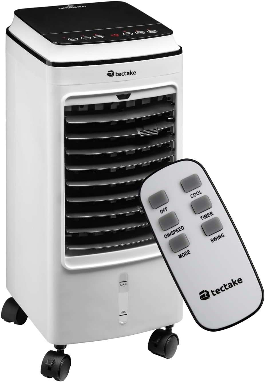 TecTake Portable Air Conditioner with its remote control.