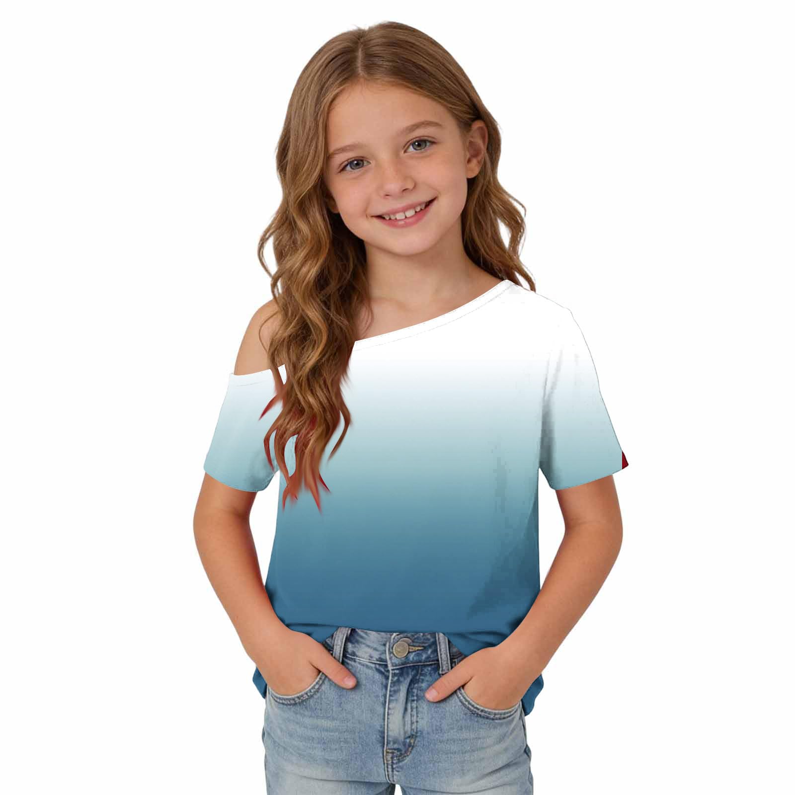 Camisetas de manga corta con hombros descubiertos para niñas, adolescentes, elegantes, transpirables, para la escuela, básicas, de un hombro, holgadas, informales, invitadas de boda, 5-14 años, Reino