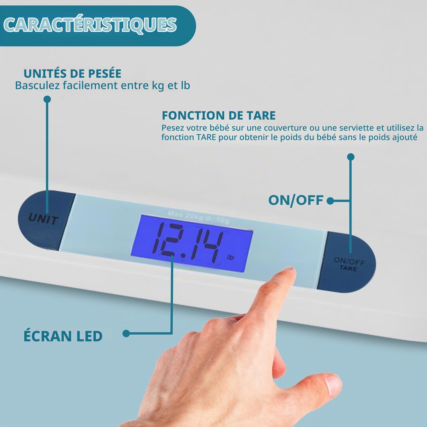 Smart Weigh Pèse-bébé Numérique avec un Large Écran LCD Rétroéclairé, 3 Modes de Pesage et une Fonctionnalité de Tare de 20 kg/ 44 lb