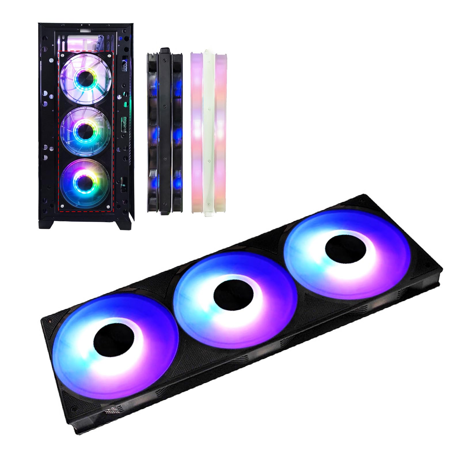 3 in 1 ARGB PC Case Fans, 360mm Computer Case Fan with 4 Pin PWM MFDB Dynamic Pressure Bearing 7 Blades 5V ARGB 2200RPM, Quiet Case Cooler Fan for PC (Black)