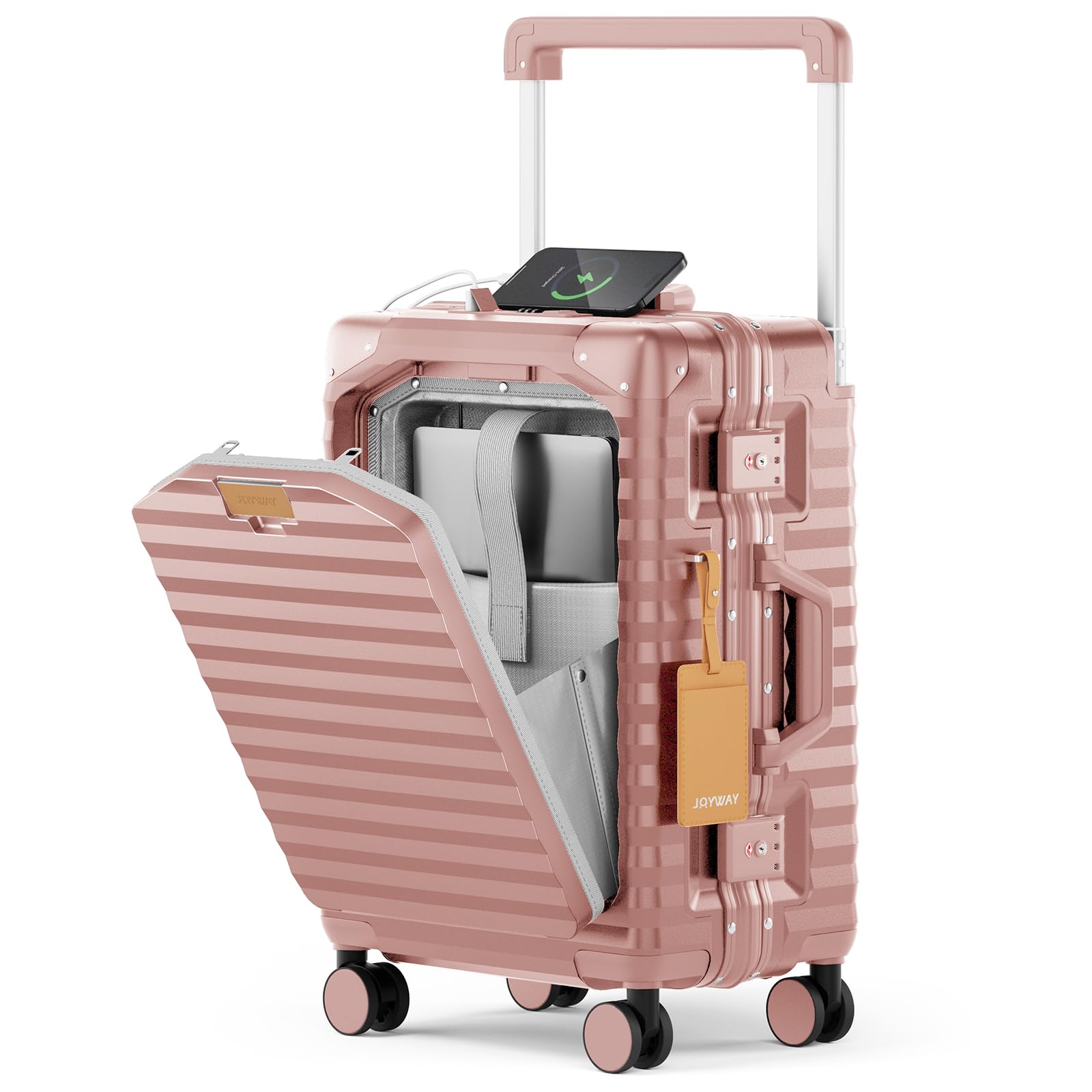 Joyway 20 Inch Carry on Luggage with Aluminium Frame and Front Pocket, PC Hardshell Suitcase with USB Port and Cup Holder, 21.5x14.2x9 Airline