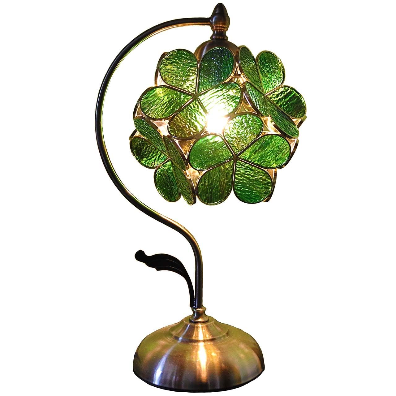 Bieye L30875 Lampa stołowa w stylu Tiffany z witrażem i płatkami kwiatów, z mosiężną podstawą do dekoracji wnętrz (zielona, 20 cm kwiat wiśni)