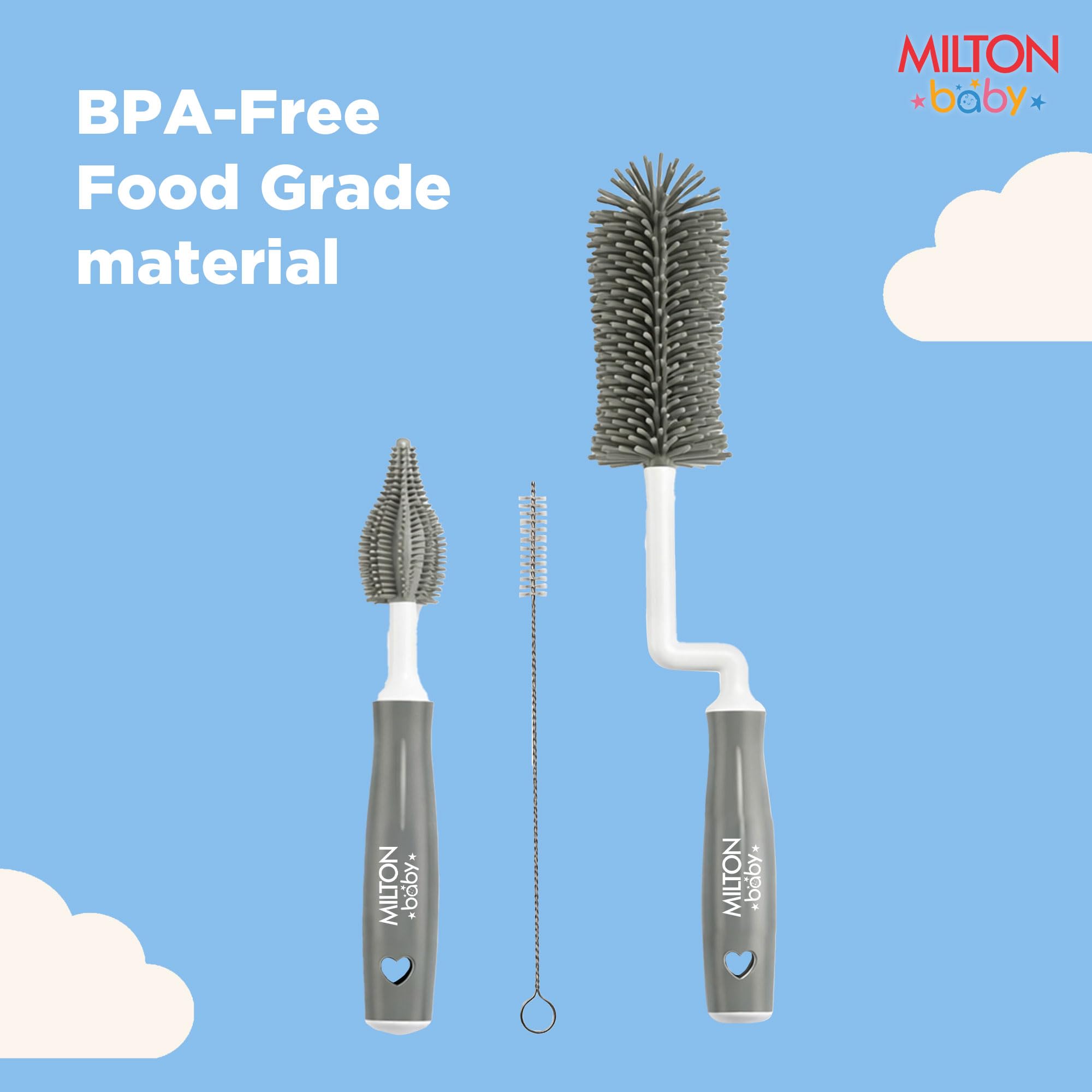 Milton Baby Silicone 3-in-1 Bottle Brush Set | 360° Movable Long Handle | Bottle, Nipple & Straw Cleaner | BPA-Free, Food Grade I Scratch-Free Soft Bristles for Narrow & Wide Neck Bottle I Grey 1
