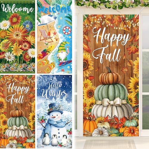 4 Pcs Seasonal Door Cover Decorations Welcome Fall Door Cover Spring Summer Fall Winter Party Decorations Large Front Banner Background for Seasonal Welcome Holiday Party Indoor Outdoor Decor