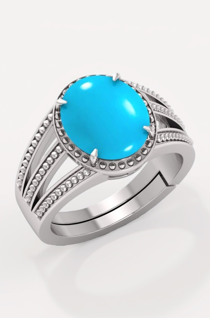 6.25 Ratti Turquoise Stone Original Certified Firoja Gemstone Silver Plated | Adjustable Ring With Lab Certificate for Men and Women(3li4)