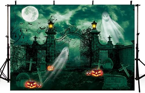 Miniatura 2 de MEHOFOND Telón de fondo verde para fotografía de Halloween de 8 x 6 pies, farol fantasma, noche gótica, espeluznante, puerta de cementerio, terror,
