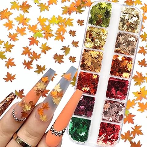 12 Grids 3D Maple Leaf Nail Glitter Sequins Fall Nail Art Stickers Decals Holographic Laser Red Gold Yellow Orange Fall Glitter Leaves Designs Autumn Nail Charms Thanksgiving Nail Art Decorations Cover