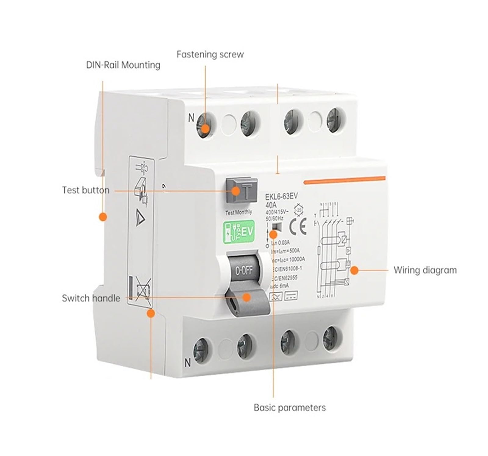 Disyuntores diferenciales RCCB tipo 2P 4P RCD 40A 63A 30ma EKL6-63EV 10KA Riel DIN(EKL6-63EV-1N4030AD6)