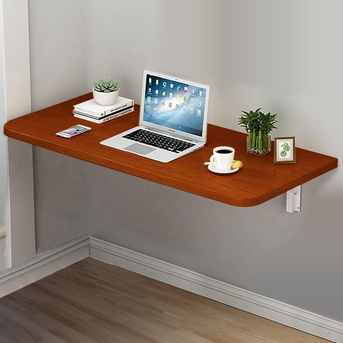 VITIONComputer Wall Mount Stand Folding Wall-Mounted Drop-Leaf Table,Metal Folding Shelf Bench Table Bracket (Walnut, 60 X 100 cm)