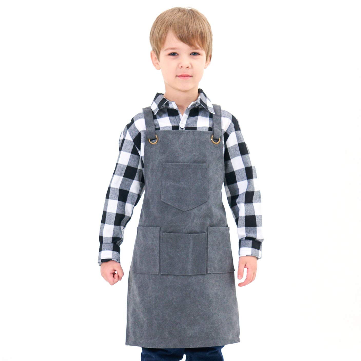 NEOVIVA Work Apron with Pockets, Woodworking Aprons for Kids, Canvas Tools Apron Adjustable M to XXXL Cross Back for Barber, Kitchen, Garden, Pottery, Garage, Craft Workshop, School