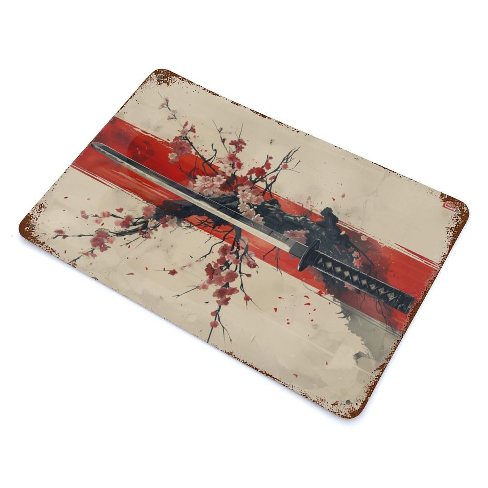 Rust Effect Japanese Sakura Katana Weathered Tin Sign 11.8"x7.9", Farmhouse Wall Decor for Farmhouse, Kitchen And Entryway Decor