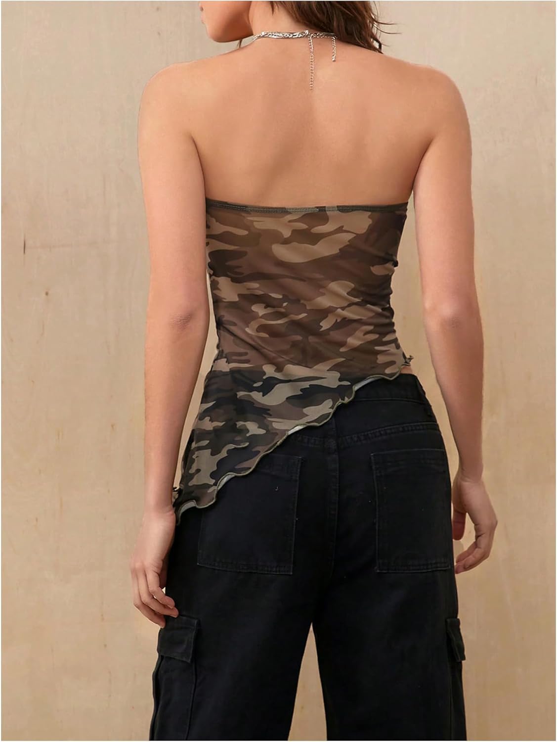 SHENHE Women's Strapless Camouflage Print Asymmetrical Lettuce Trim Y2k Cami Tube Top - Image 3