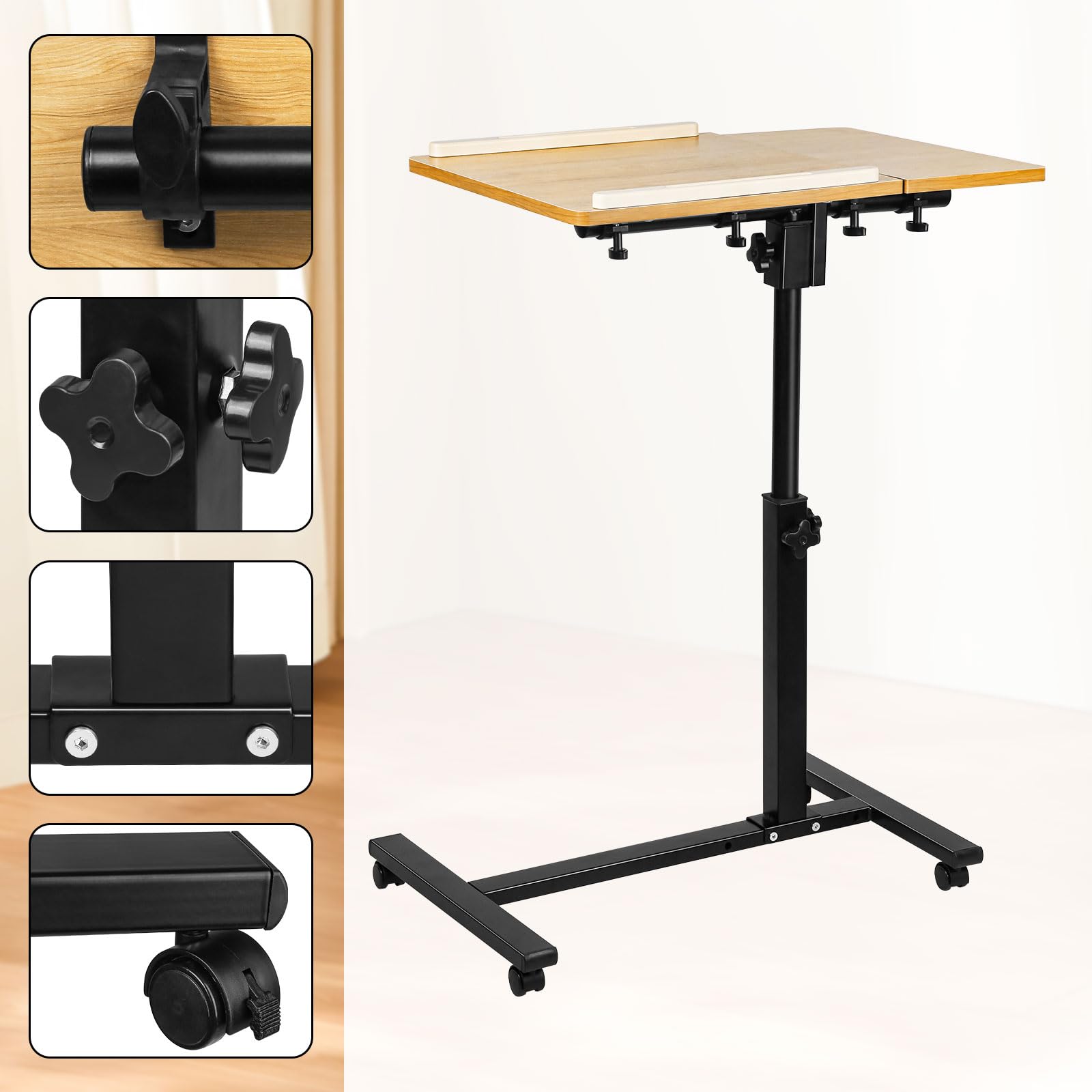 Table de Lit à Roulettes Bureau Mobile Pliable 360° Levage Rotatif 70 x 44 x 95 cm Bois