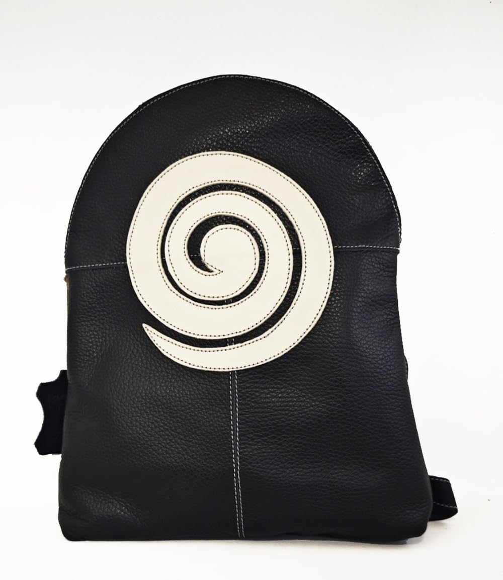 Mochcila espiral de piel negra. Mochila espiral negra de cuero auténtico para mujer. Mochila espiral de mujer.