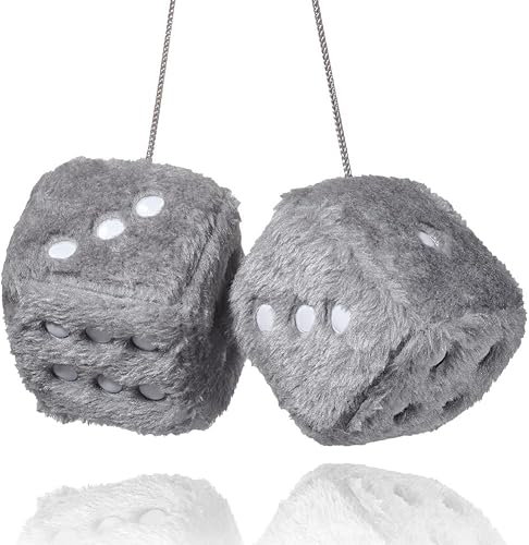 Miniatura 5 de Dados de felpa retro de 2.95 pulgadas para automóvil, dados cuadrados de felpa para espejo retrovisor del automóvil, accesorios para colgar, gris