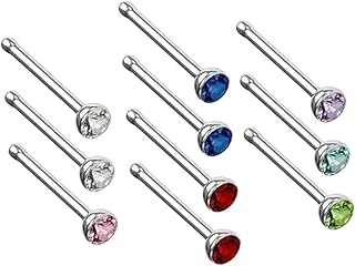 طقم حلقان للأنف من الستانلس ستيل على شكل حرف I، طقم حلق صغير بريمة للأنف وحلق بنمط دبوس من الكريستال، حلق صغير بريمة مستقيم، طقم حلقان للأنف من ناريز، من 10 قطع