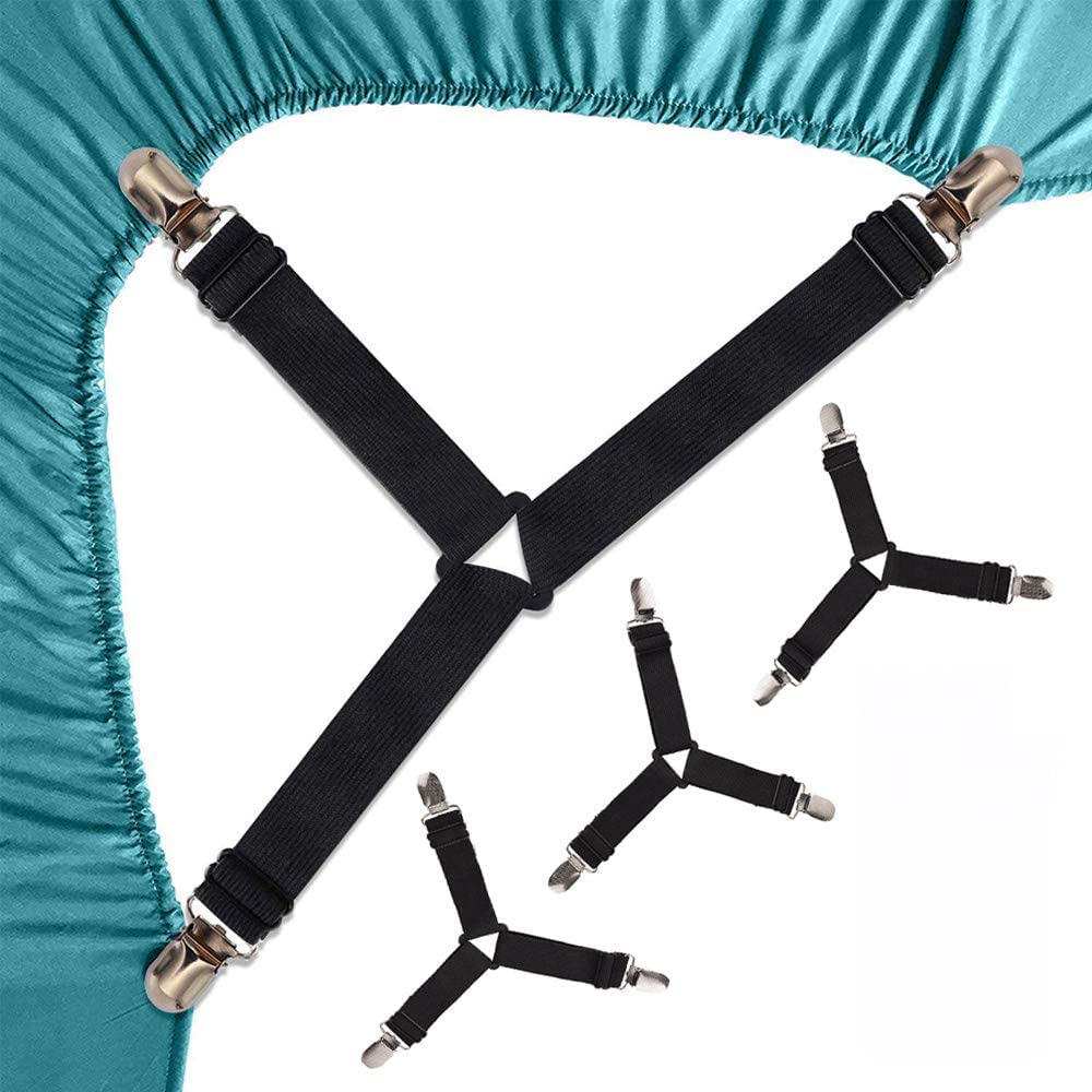 Bed Sheet Clips, Triangle Bed Sheet Straps Fasteners Set, 3 Ways Mattress Corner Suspenders Grippers Holders, 4 Pack
