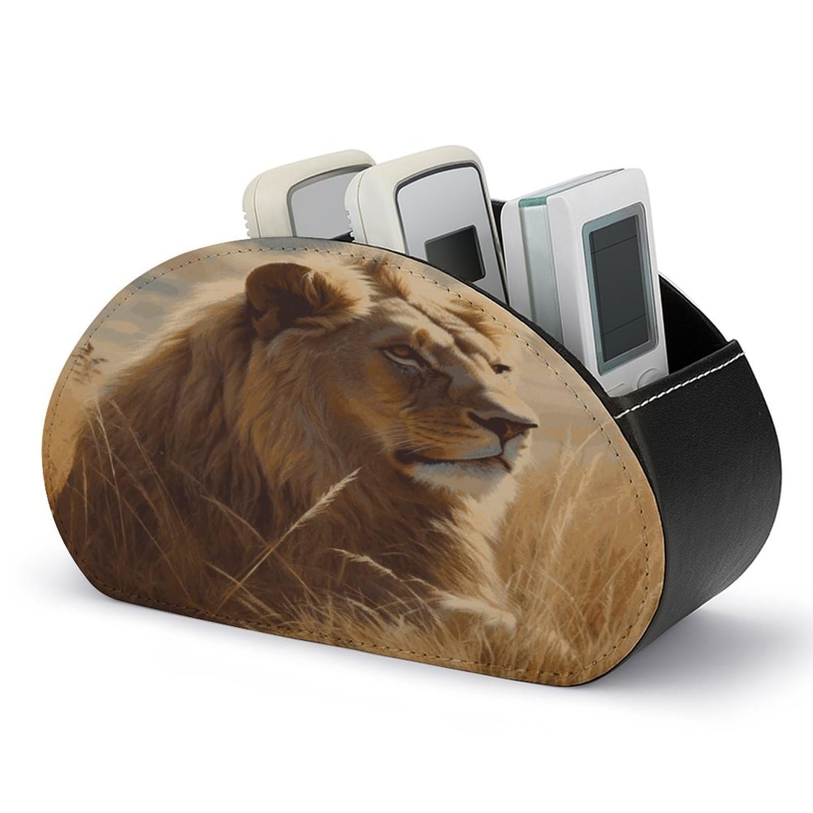 LZQPOEAS Prairie Lion Remote Control Holder with 5 Compartments PU Leather Remote Organizer Box Caddy for Table Nightstand Remote Caddy Desktop Organizer Fits Media Controllers