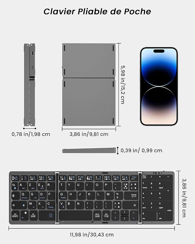 MoKo Összecsukható Bluetooth Billentyűzet - Vezeték Nélküli Francia AZERTY Érintőpaddal és Numerikus Billentyűzettel, 3 Eszközhöz, Újratölth