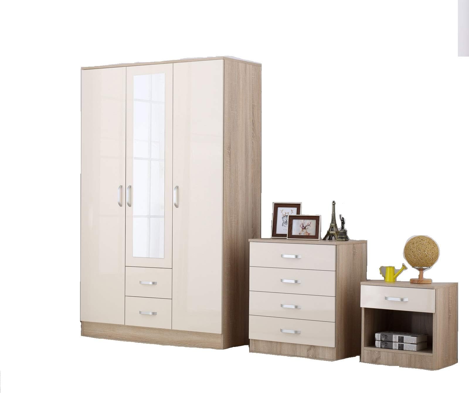 Fairpak Gladini XL High Gloss 3 Door 3 Piece Trio Bedroom Furniture Set - Includes Wardrobe, 4 Drawer Chest, Bedside Cabinet (Cream/Oak)