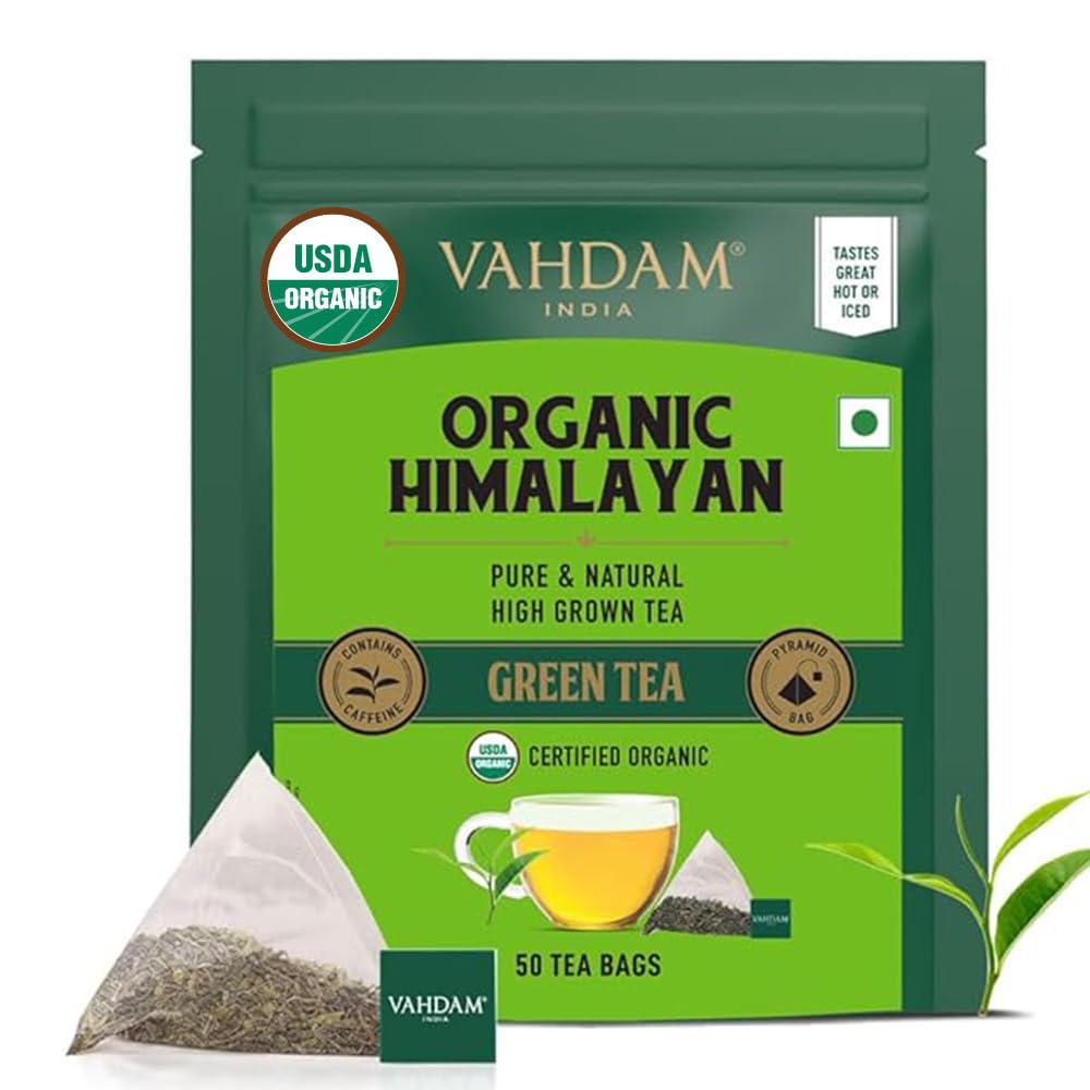 Organic Himalayan Green Tea Bags (50 Green Tea Bags) Non-GMO, Gluten Free | Naturally High Grown Green Tea | Earthy & Smooth | Resealable Ziplock Pouch | Plant - Based Pyramid Teabags