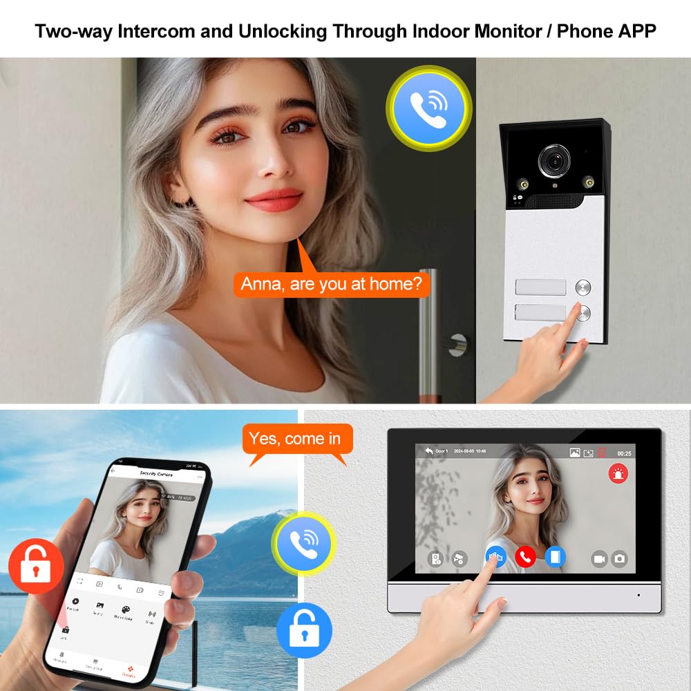 WiFi Video Sistema Citofono 1080P HD Campanello Telecamera IR Visione Notturna con 2 Monitors a 7 Pollici per 2 Case/Appartamenti, Audio a 2 Vie, Registrazione, APP Tuya Smart
