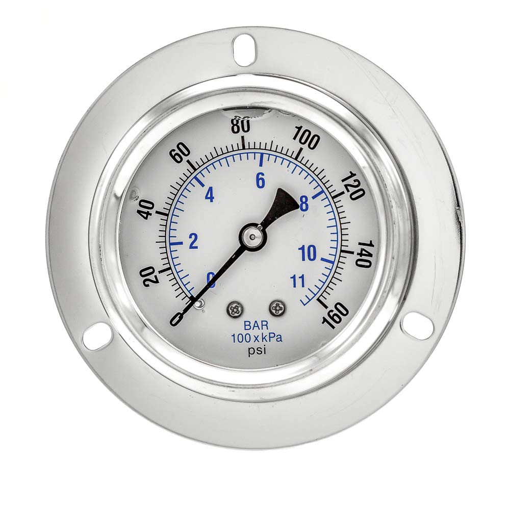 PIC Gauge PRO-204L-254F - Medidor de presión de montaje en panel frontal de glicerina con caja de acero inoxidable, interior de latón, lente de plástico, tamaño de esfera de 2-1/2", macho NPT, 1/4" 0, 160 psi
