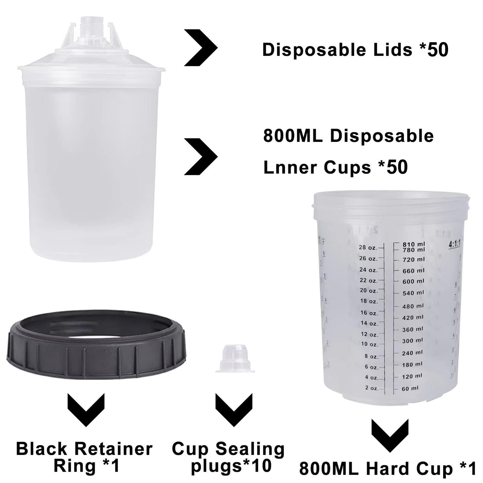 Lot de 50 tasses à mesurer de peinture – Gobelets à mélanger de peinture | Doublures simples avec bouchons, ensemble de pulvérisateur de peinture automobile – Tasses à mesurer portables avec