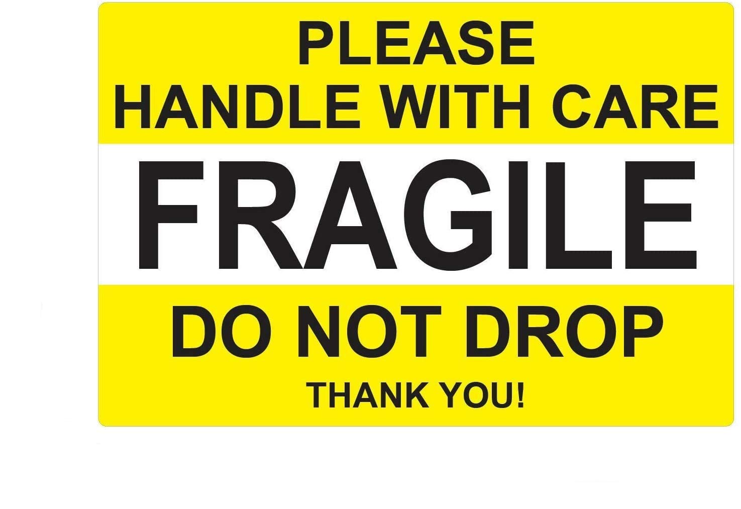 Fragile Please Handle with Care Do Not Drop Label Stickers 2" x 3" Waterproof, Bright Yellow (100 Stickers)
