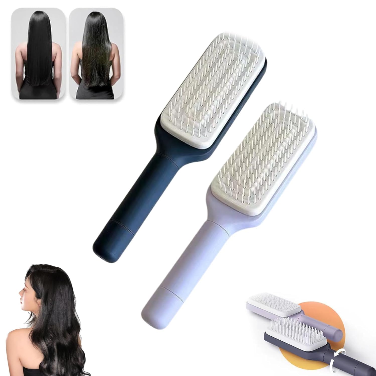 BluePurple Self-Cleaning Brush with Retractable, Anti-Static Bristles - Easy Hair Removal, Massage, Cleaning