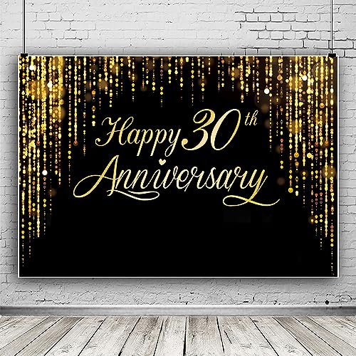 Image of Happy 30th Anniversary Banner - Black Gold Photography Poster for Wedding, Birthday Party Decoration