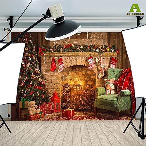 Aoihrraan 3x2m Christmas Fireplace Backdrop Xmas Tree Sock Gift Brick Warm Fireplace Sofa Wooden Wall Red Carpet Photography Background New Year Party Decoration Kids Adults Portrait Photo Props - Image 4