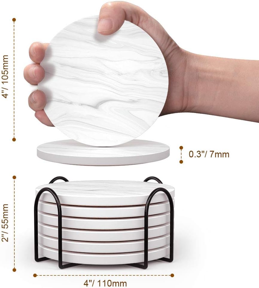 Top Rated Funria Absorbent Coasters for Drinks Ceramic Marble Style Coasters with Holder and Cork Base Set of 6 Unique Housewarming Gift for Men and Women Stone Coasters