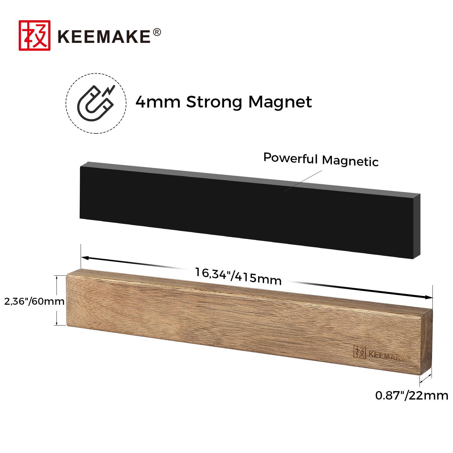 KEEMAKE Soporte magnético para cuchillos de pared, 41 cm, madera de acacia, potente imán de neodimio para colgar cuchillos de cocina y herramientas magnéticas