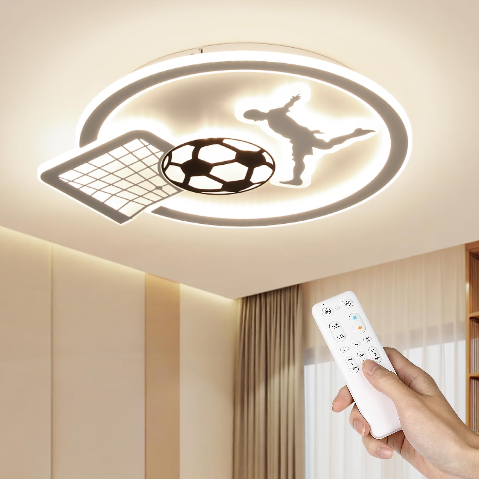 OTREN Plafon LED Techo, Lampara Techo Infantil Regulable con Control Remoto, Fútbol Luces con Timing y Función de Luz Nocturna para Lampara Dormitorio Juvenil Salon Habitacion, 44 cm