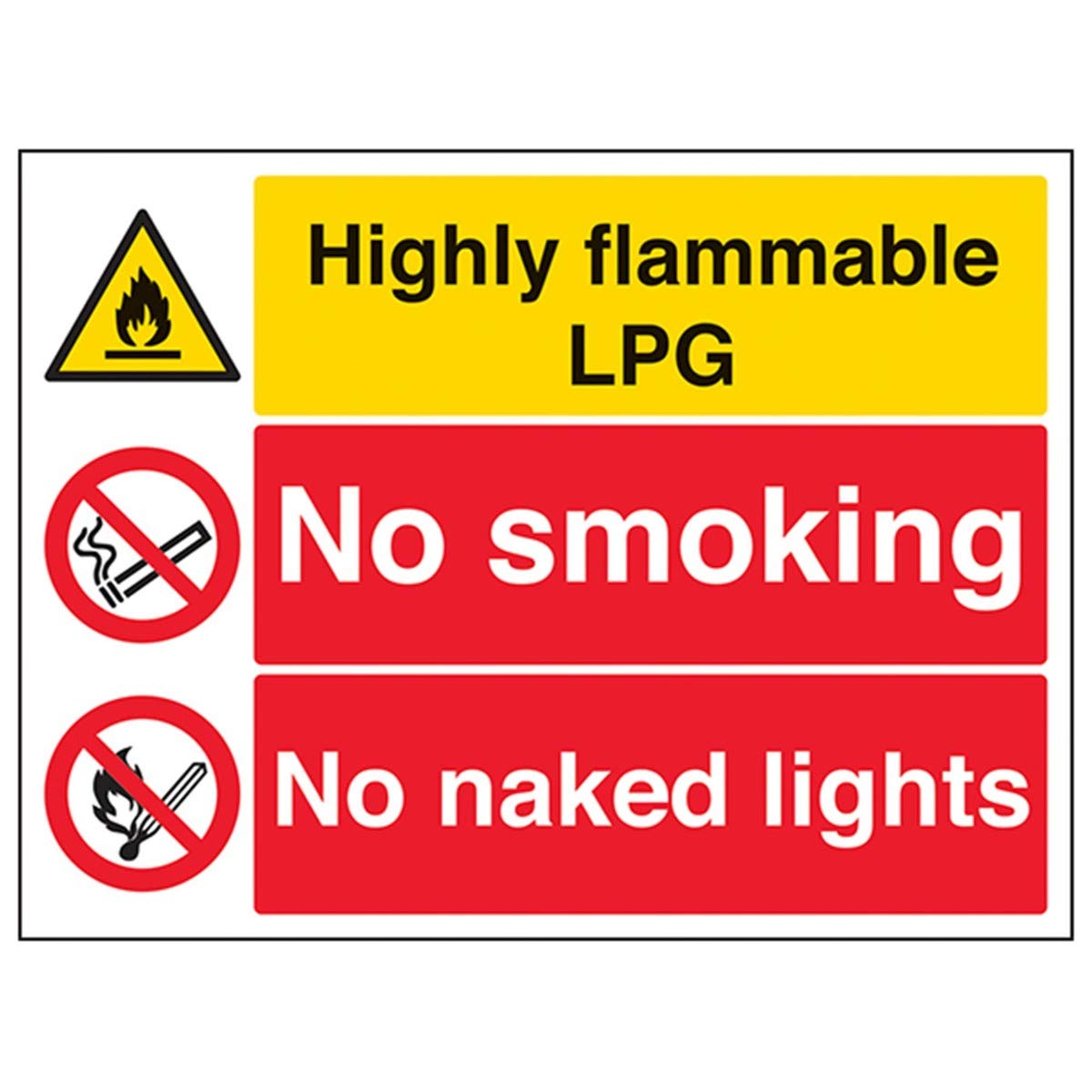 V Safety Highly Flammable Lpg/No Smoking/No Naked Lights Warning Sign - 400mm x 300mm - Self Adhesive Vinyl