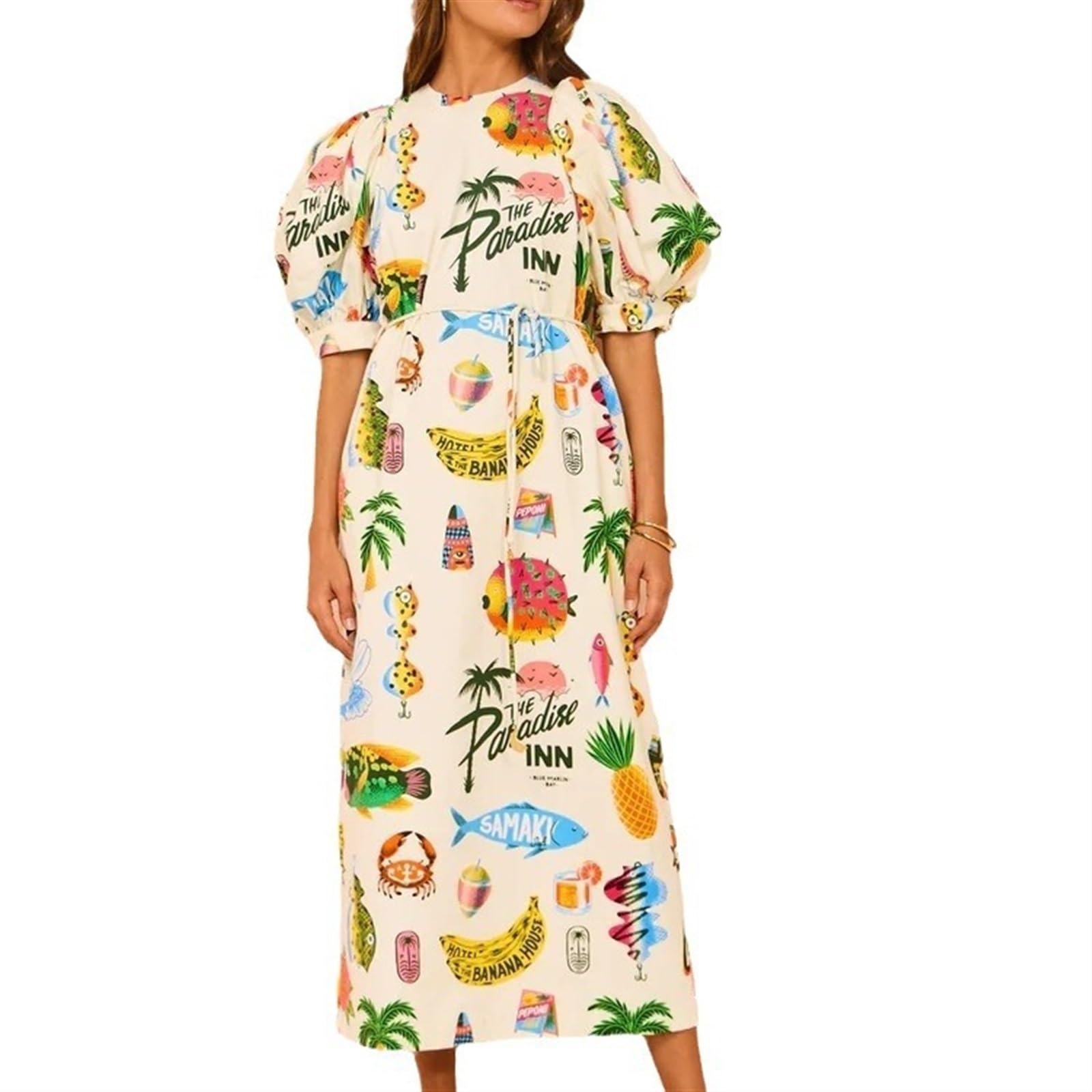 Printed Bubble Sleeves Loose Casual Lace up Split Dress Retro Flare French Dress