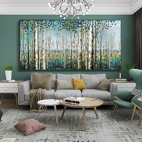 Image of Pogusmavi Forest Wall Art Green Tree of Life Framed Artwork For Walls Birch Tree Home Decor Large Wall Art Pictures For Living Room Wall Decoration Art Print Forest Wall 29x58 Blacke Framed