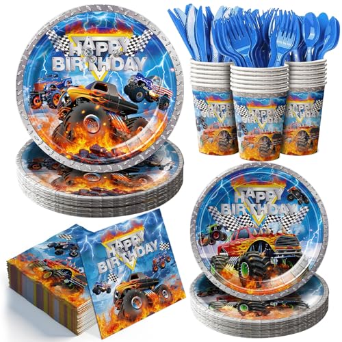 168pcs Monster Truck Party Decorations Plates Napkins Disposable Paper Cups Monster Truck Tableware Set Birthday Party Supplies for Kids Boys 1st 2nd 3rd Birthday Decor Serves 24 Guests
