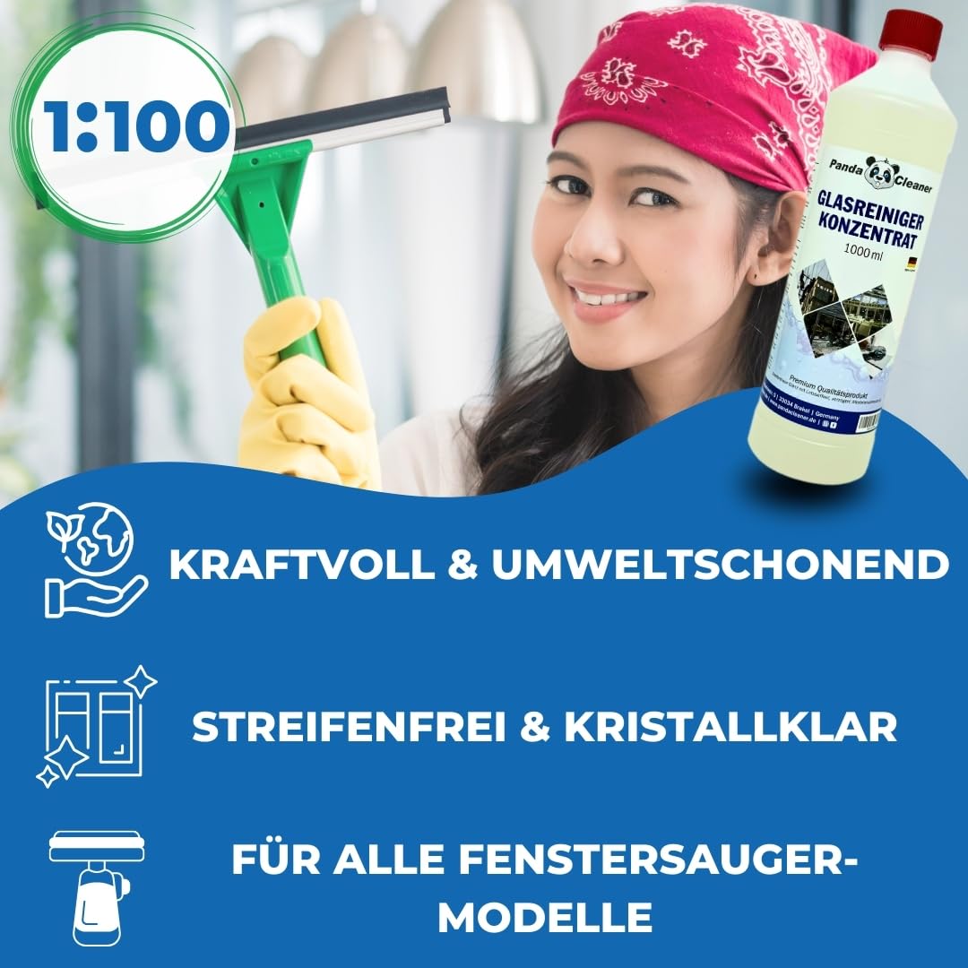 PandaCleaner Fenster Reinigungsmittel - 12x 1L Fensterputzmittel streifenfrei - Glasreiniger Profi - Bio Fensterreiniger Konzentrat für langanhaltende Sauberkeit (12x1000ml)