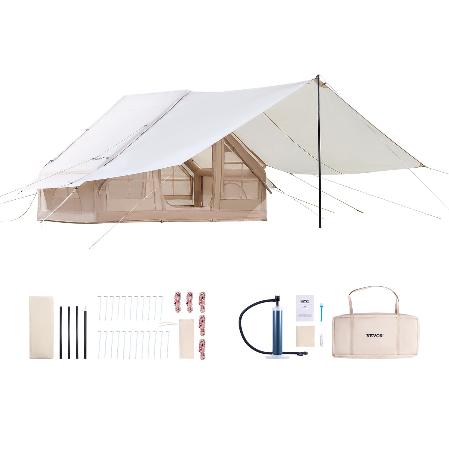 VEVOR Tentes gonflables pour camping, installation facile, tente de camping gonflable avec pompe à main, tente de glamping 4 saisons Oxford 300D avec cric de poêle, sac de rangement inclus pour une